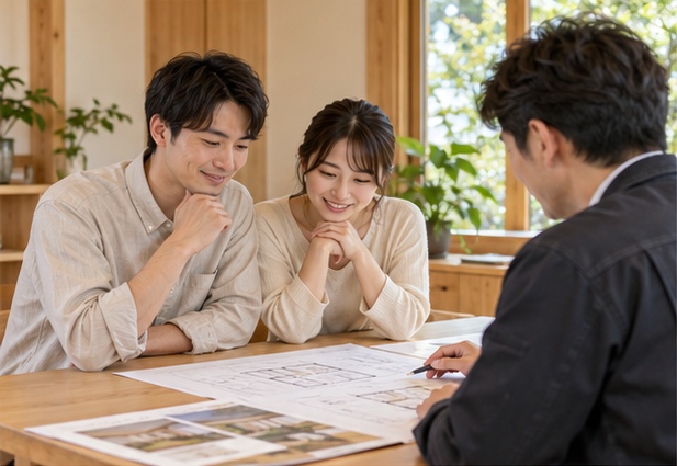 木のテーブルで図面を見ながら家づくりを相談するカップルと担当者