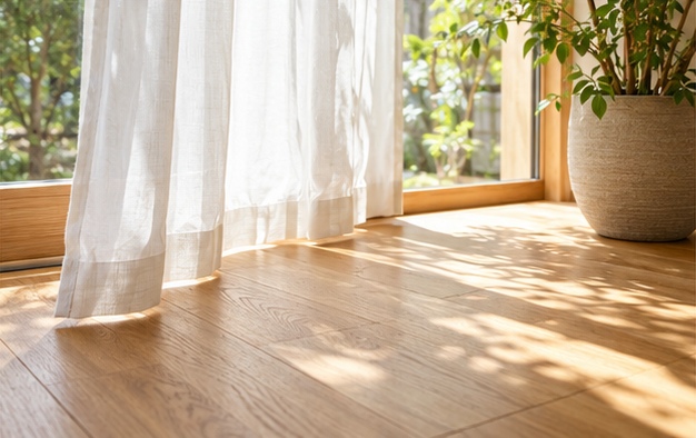 白いカーテンと鉢植えのそばに日光が差し込む木の床